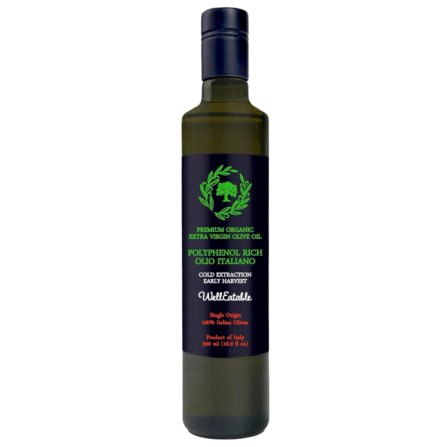 WellEatable Robust +1,200 mg/kg Polyphenol Rich Olio Italiano, New 2024-2025 Early Harvest Organic Extra Virgin Olive Oil from Italy, Lab Tested, Cold Extracted for Drinking and Finishing, 16.9 fl oz