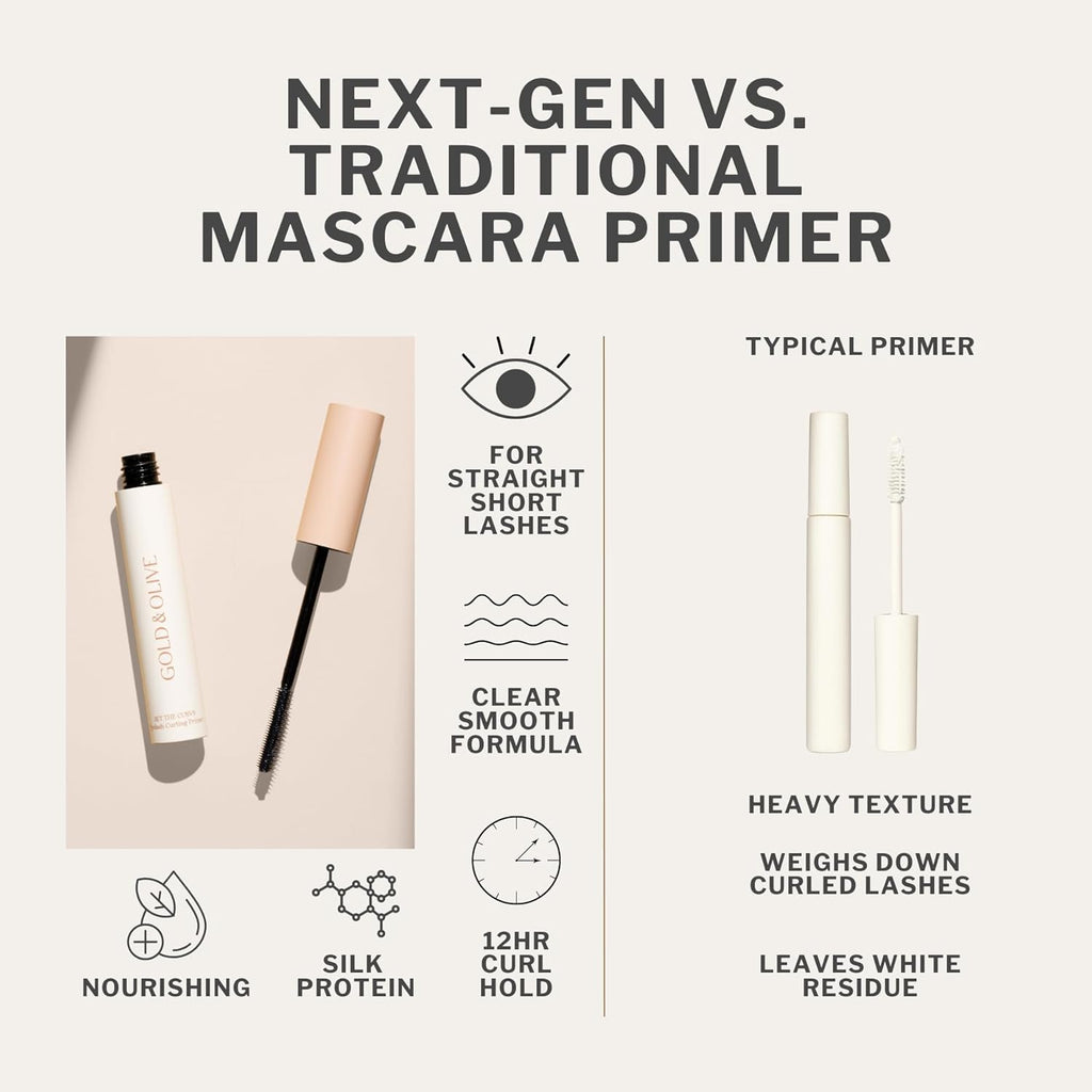 Gold & Olive Set the Curve Eyelash Primer for Straight Lashes – Curl-Locking Mascara Base, Double-Sided Precision Wand, Nourishing & Conditioning with Silk Protein, Cruelty-Free, Made in USA