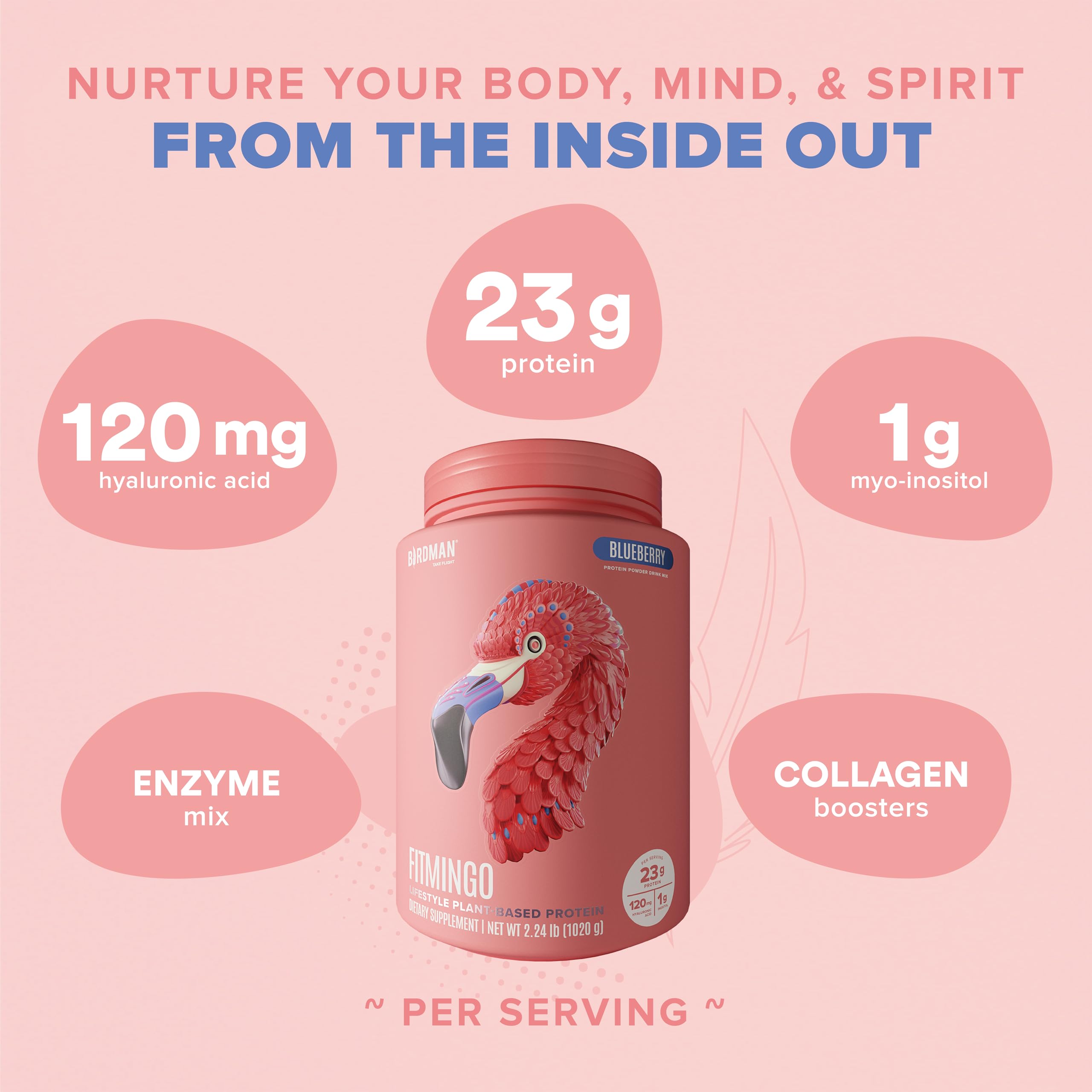 Fitmingo Vegan Protein Powder with Inositol, Collagen Boosters, Hyaluronic Acid and Vitamins | Low Carb, Dairy Free, Low Calorie | 23g Plant Based Blueberry Protein Powder with Myo-Inositol