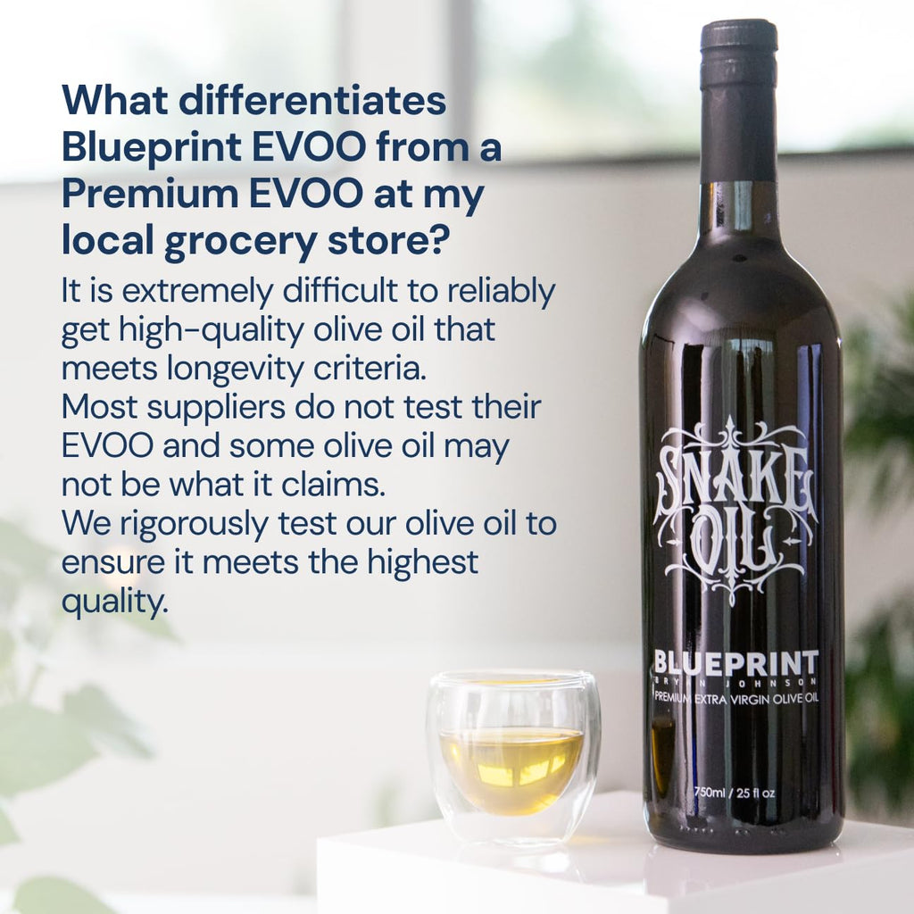 Blueprint by Bryan Johnson Olive Oil – Snake Oil- High Polyphenol Extra Virgin Olive Oil (400+ mg/kg) – Cold Pressed, Early Harvest, First Cold Press EVOO – Keto, Paleo, Non-GMO – 2 Pack - 750ml Glass Bottle
