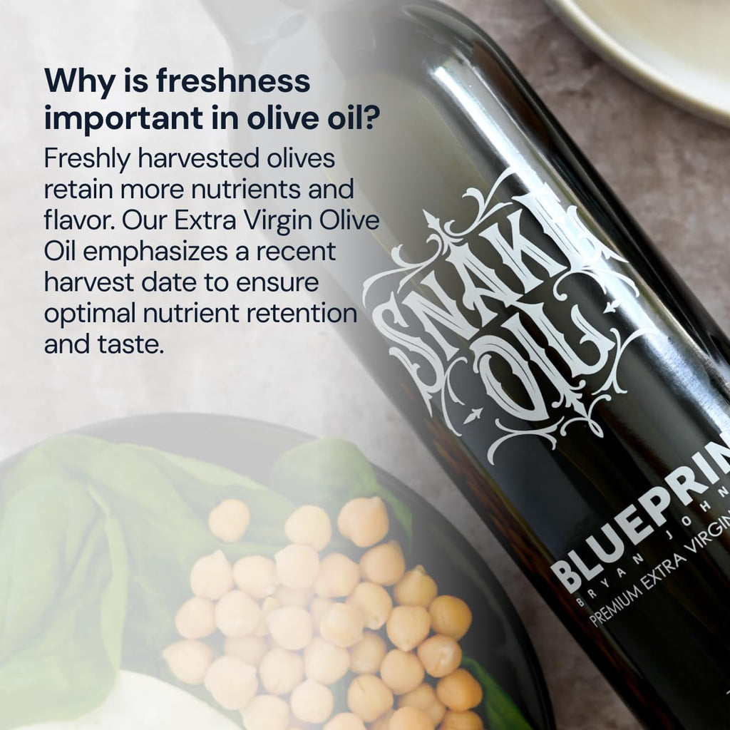 Blueprint by Bryan Johnson Olive Oil – Snake Oil- High Polyphenol Extra Virgin Olive Oil (400+ mg/kg) – Cold Pressed, Early Harvest, First Cold Press EVOO – Keto, Paleo, Non-GMO – 2 Pack - 750ml Glass Bottle