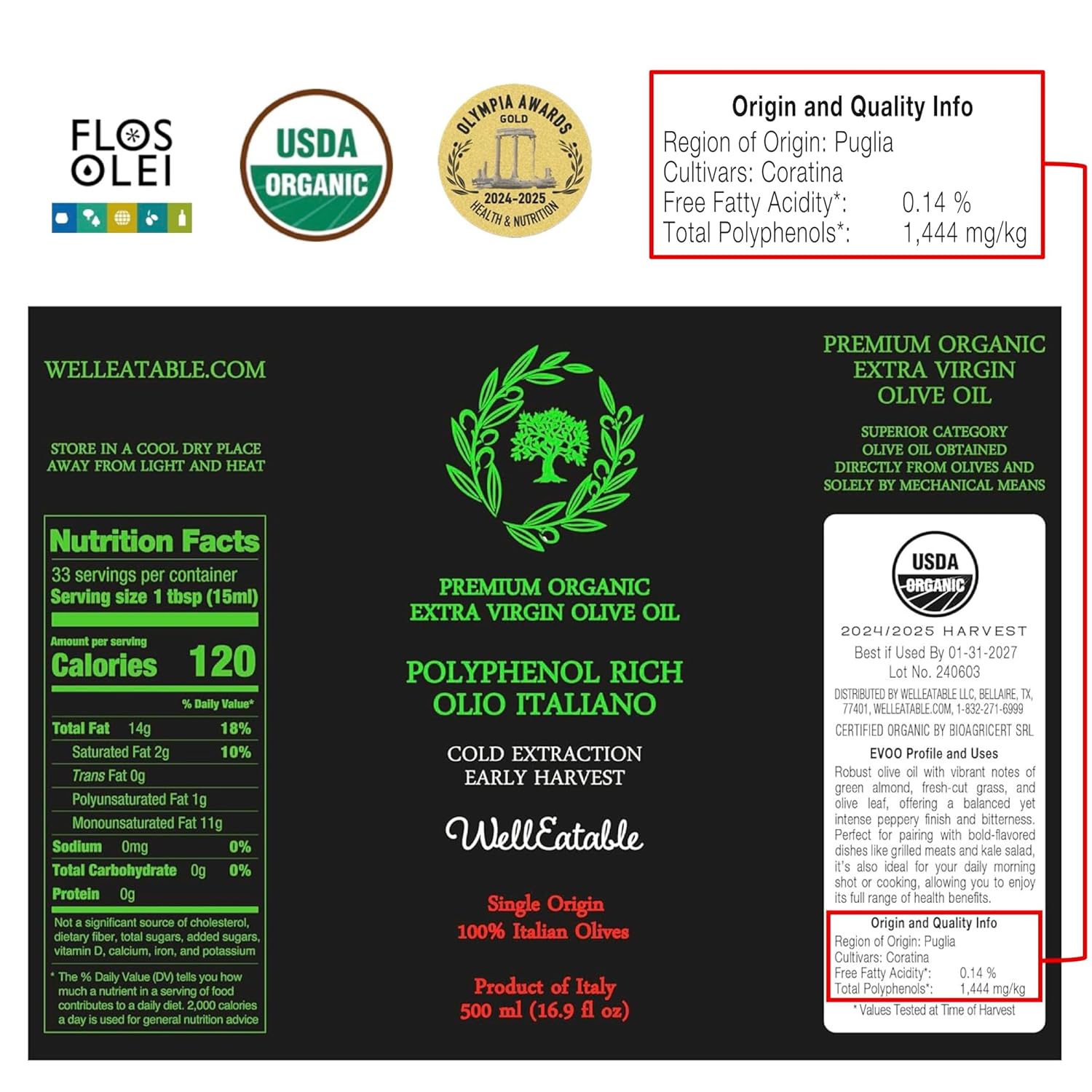 WellEatable Robust +1,200 mg/kg Polyphenol Rich Olio Italiano, New 2024-2025 Early Harvest Organic Extra Virgin Olive Oil from Italy, Lab Tested, Cold Extracted for Drinking and Finishing, 16.9 fl oz
