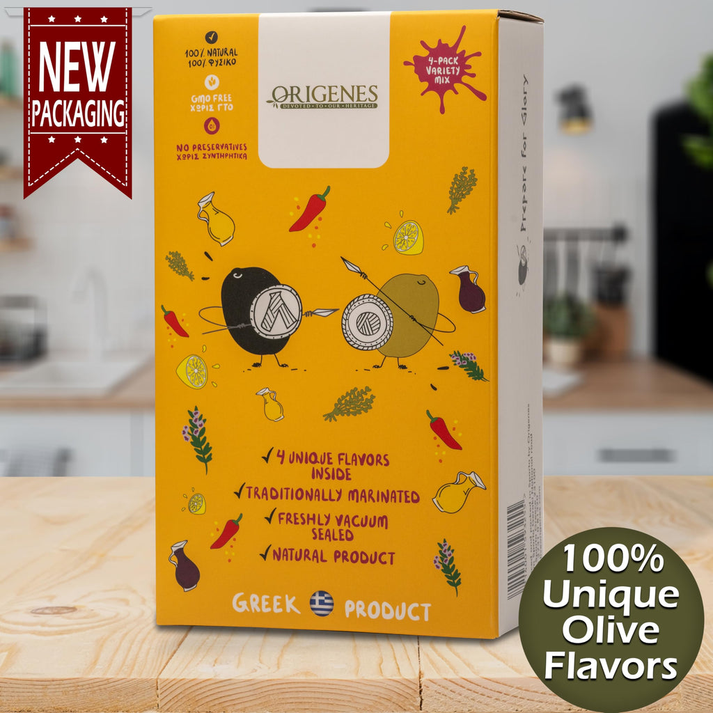 Pack of 4 Variety Mix Olives in Vacuum, 2 Greek Olive Varieties with 4 flavors, Freshly Sealed Olives with Extra Virgin Oil 4X200g