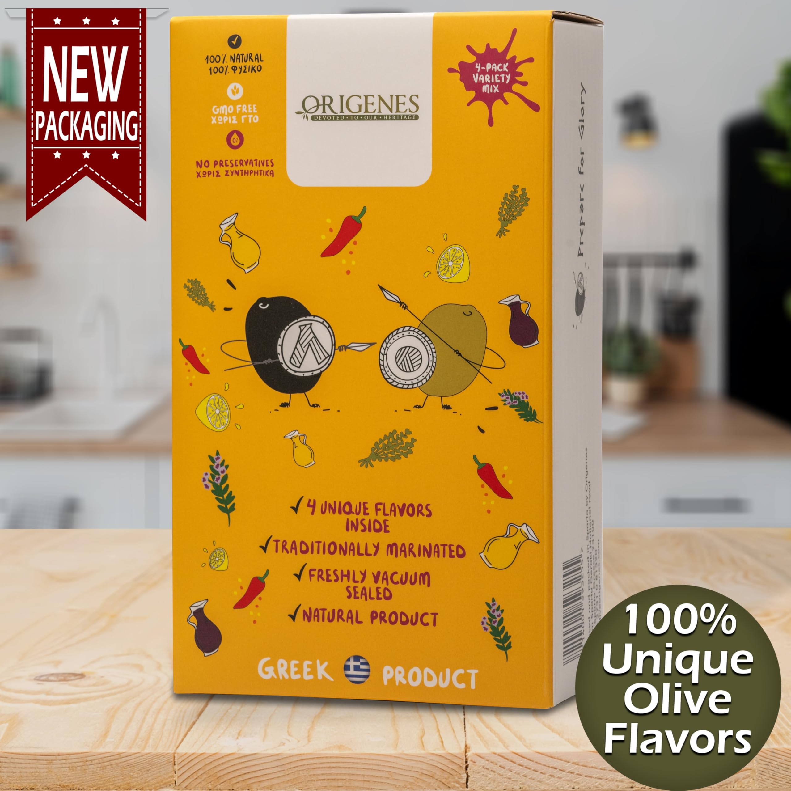 Pack of 4 Variety Mix Olives in Vacuum, 2 Greek Olive Varieties with 4 flavors, Freshly Sealed Olives with Extra Virgin Oil 4X200g
