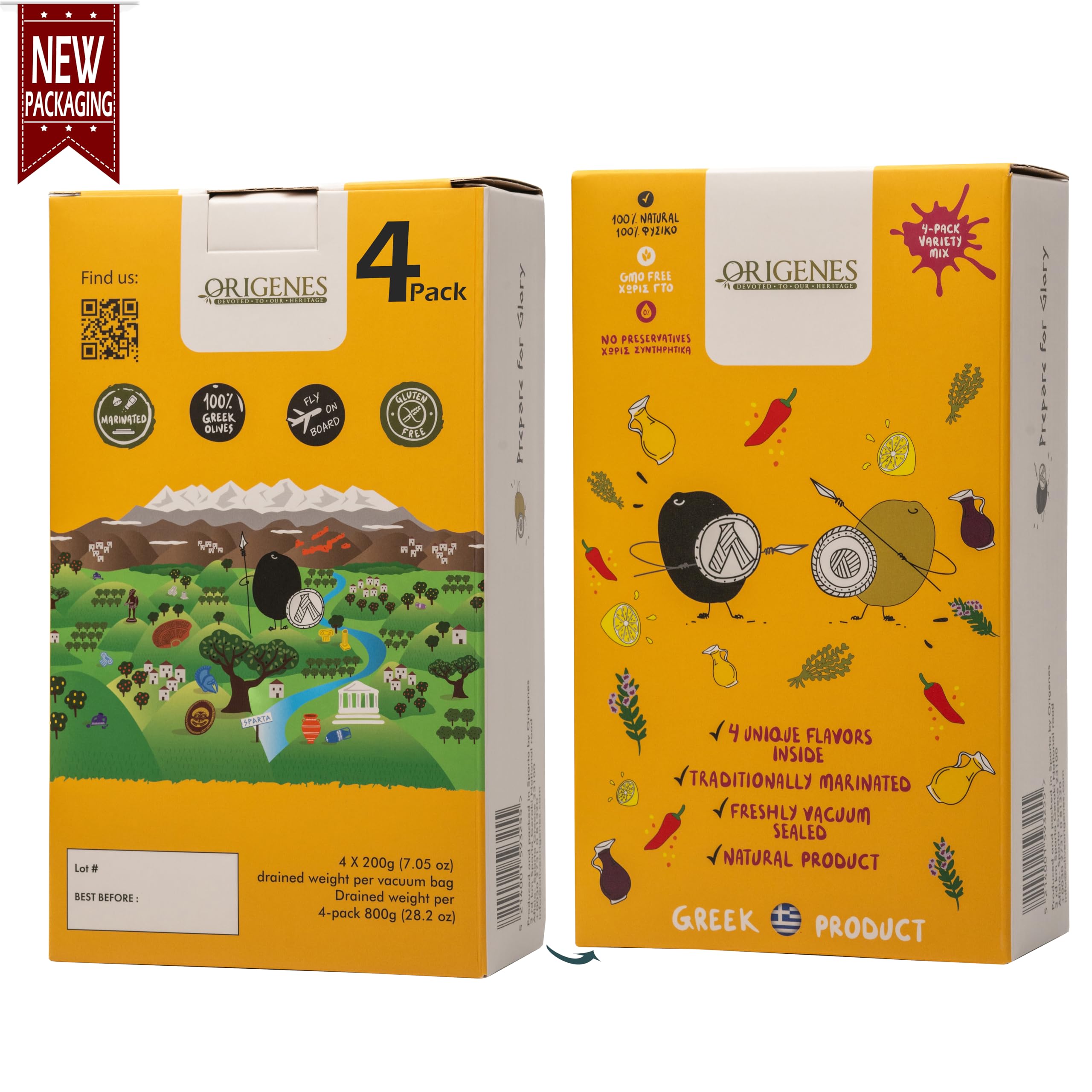 Pack of 4 Variety Mix Olives in Vacuum, 2 Greek Olive Varieties with 4 flavors, Freshly Sealed Olives with Extra Virgin Oil 4X200g