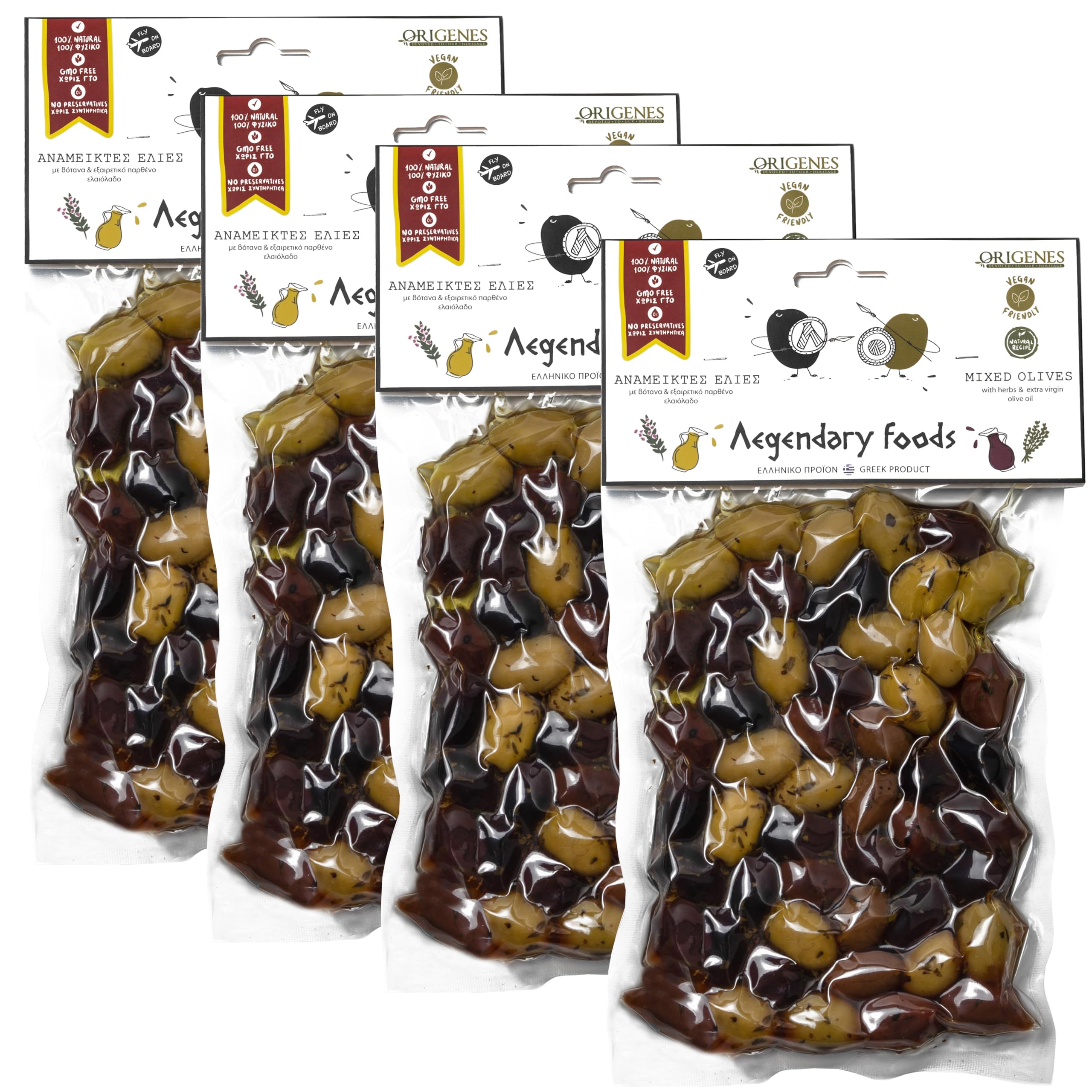 Pack of 4 Variety Mix Olives in Vacuum, 2 Greek Olive Varieties with 4 flavors, Freshly Sealed Olives with Extra Virgin Oil 4X200g